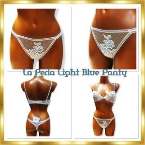 La Perla Macrame Guipure Light Blue Mesh Lace Appliqué Thong $220 size 1 RARE